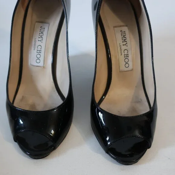 Women Jimmy Choo Baxen Black Patent Leather Peep Toe Wedge Pumps Heels 36 US/6